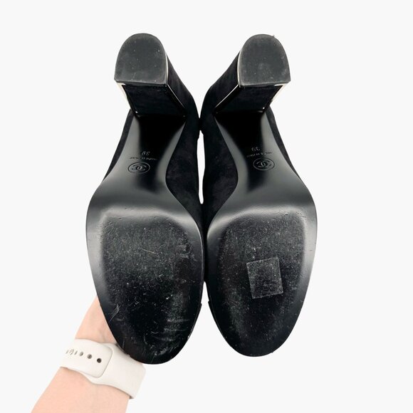 Chanel Cap Toe Ankle Boots EU 39 US 8-8.5 Black Suede Block Heel Chelsea Booties - Picture 9 of 13